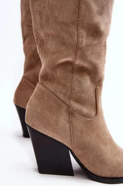 Modne Zamszowe Kozaki Kowbojki Beżowe Delia