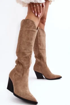 Modne Zamszowe Kozaki Kowbojki Beżowe Delia