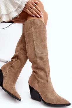 Modne Zamszowe Kozaki Kowbojki Beżowe Delia