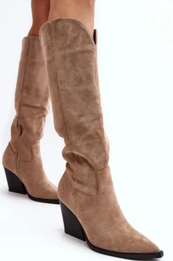 Modne Zamszowe Kozaki Kowbojki Beżowe Delia