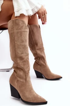 Modne Zamszowe Kozaki Kowbojki Beżowe Delia