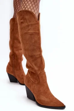 Modne Zamszowe Kozaki Kowbojki Camel Delia