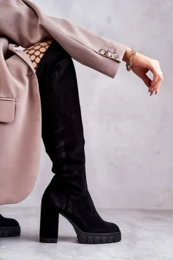 Modne Zamszowe Kozaki Muszkieterki Czarne Estrela