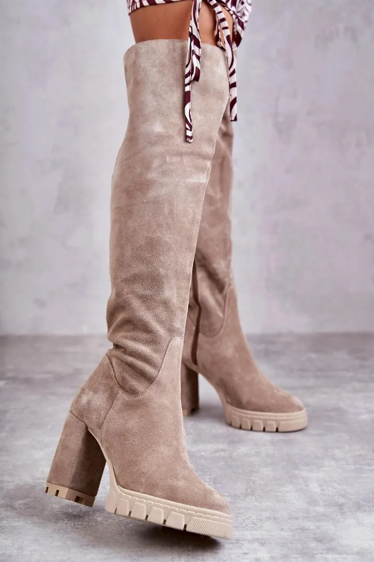 Modne Zamszowe Kozaki Muszkieterki Beżowe Estrela