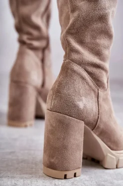 Modne Zamszowe Kozaki Muszkieterki Beżowe Estrela