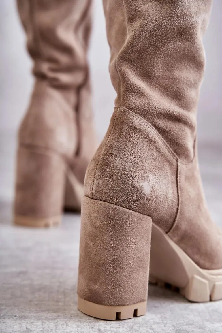 Modne Zamszowe Kozaki Muszkieterki Beżowe Estrela