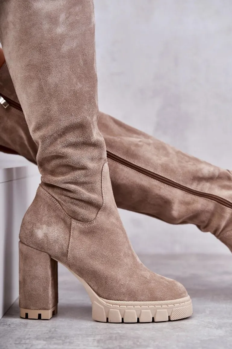 Modne Zamszowe Kozaki Muszkieterki Beżowe Estrela