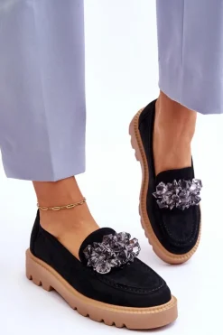 Modne Zamszowe Mokasyny Z Kryształkami Czarne Demeris