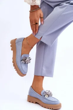 Modne Zamszowe Mokasyny Z Kryształkami Niebieskie Demeris