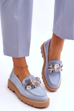 Modne Zamszowe Mokasyny Z Kryształkami Niebieskie Demeris