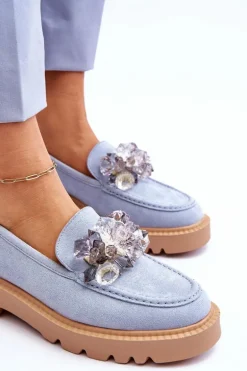 Modne Zamszowe Mokasyny Z Kryształkami Niebieskie Demeris