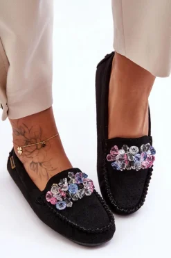 Modne Zamszowe Mokasyny Z Ozdobami Czarne Delima