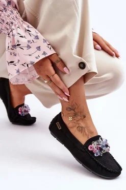 Modne Zamszowe Mokasyny Z Ozdobami Czarne Delima