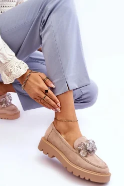 Modne Zamszowe Mokasyny Z Kryształkami Beżowe Demeris