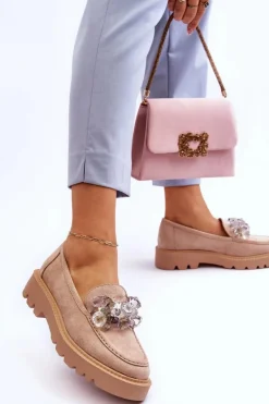 Modne Zamszowe Mokasyny Z Kryształkami Beżowe Demeris