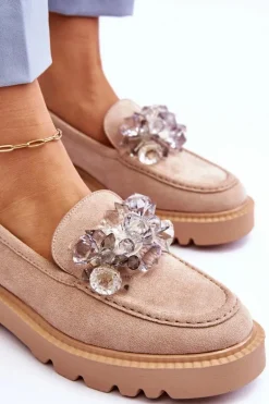 Modne Zamszowe Mokasyny Z Kryształkami Beżowe Demeris