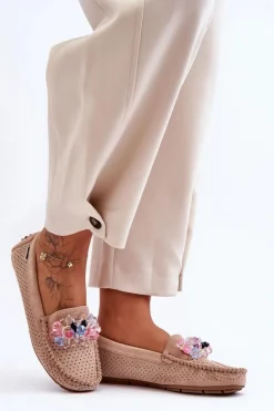 Modne Zamszowe Mokasyny Z Ozdobami Beżowe Delima