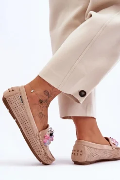 Modne Zamszowe Mokasyny Z Ozdobami Beżowe Delima