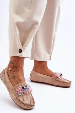 Modne Zamszowe Mokasyny Z Ozdobami Beżowe Delima