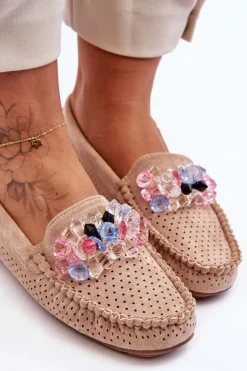 Modne Zamszowe Mokasyny Z Ozdobami Beżowe Delima