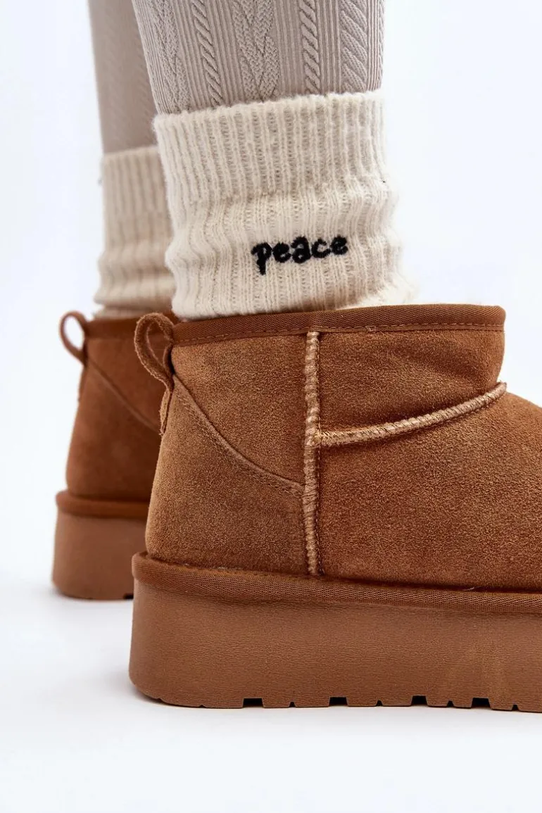 Modne Zamszowe Niskie Śniegowce Camel Nucca