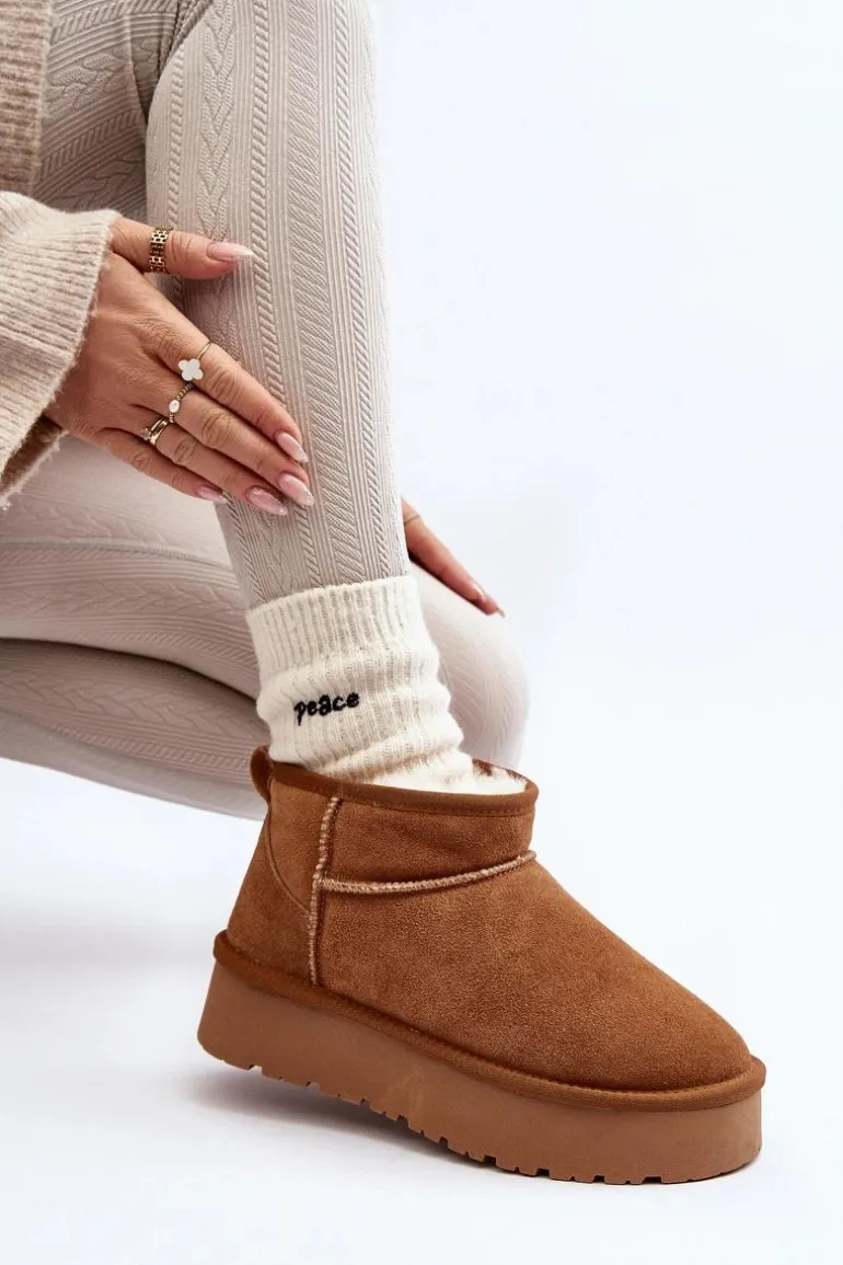 Modne Zamszowe Niskie Śniegowce Camel Nucca