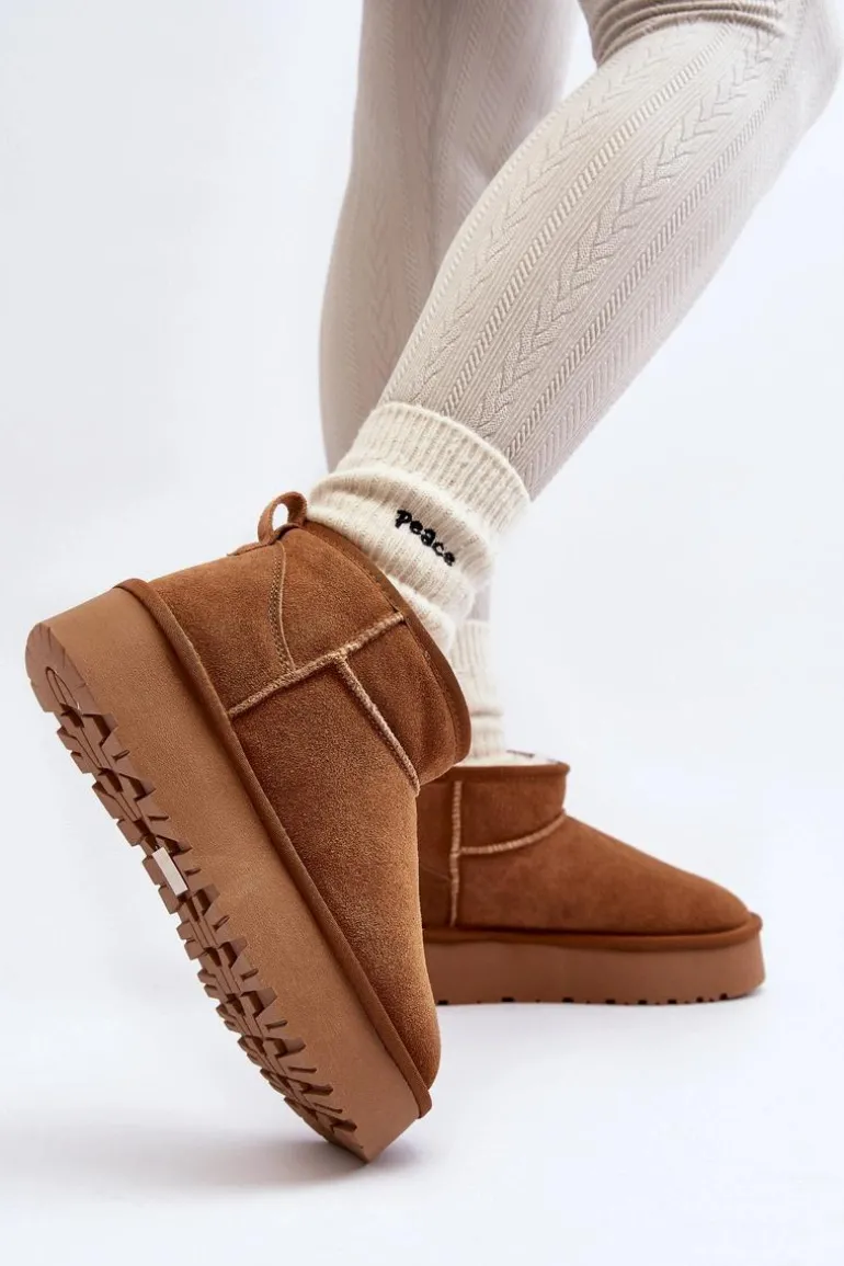 Modne Zamszowe Niskie Śniegowce Camel Nucca