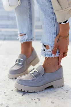 Modne Zamszowe Półbuty Loafery Jasnoszare Rayhan