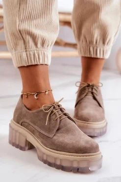 Modne Zamszowe Półbuty Loafery Beżowe Lauriss