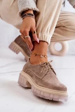 Modne Zamszowe Półbuty Loafery Beżowe Lauriss