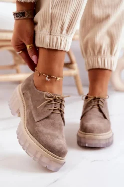 Modne Zamszowe Półbuty Loafery Beżowe Lauriss