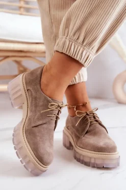 Modne Zamszowe Półbuty Loafery Beżowe Lauriss