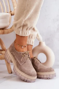 Modne Zamszowe Półbuty Loafery Beżowe Lauriss