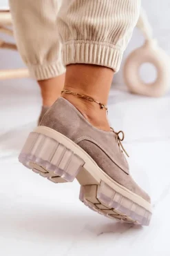 Modne Zamszowe Półbuty Loafery Beżowe Lauriss