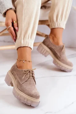 Modne Zamszowe Półbuty Loafery Beżowe Lauriss