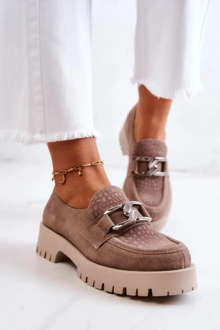 Modne Zamszowe Półbuty Loafery Ciemnobeżowe Rayhan