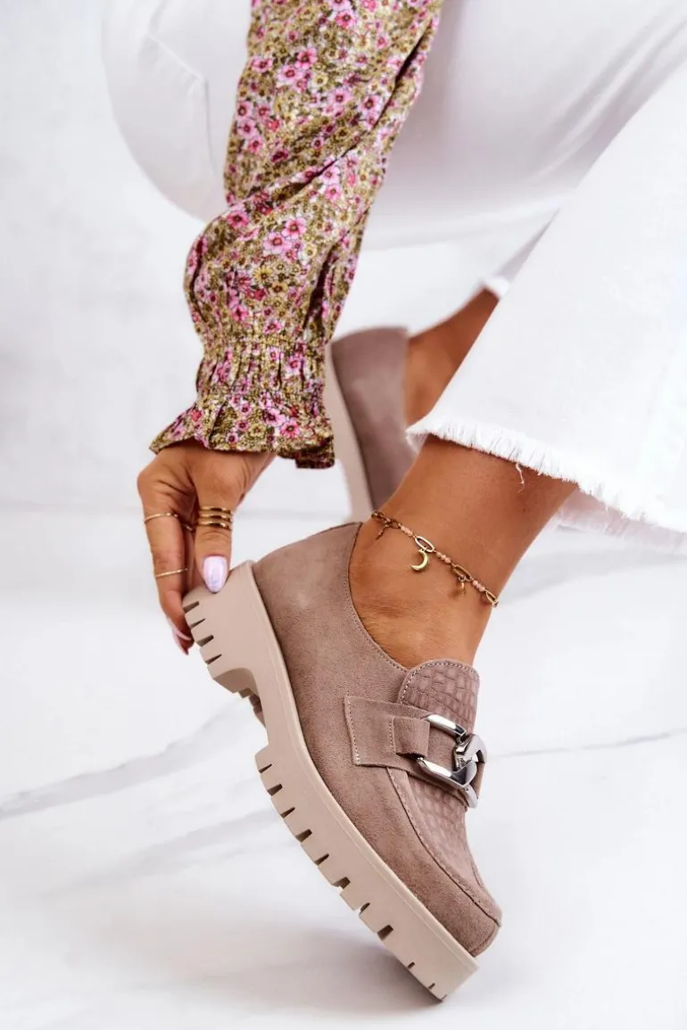 Modne Zamszowe Półbuty Loafery Ciemnobeżowe Rayhan