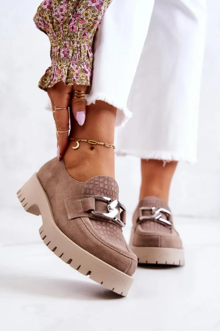 Modne Zamszowe Półbuty Loafery Ciemnobeżowe Rayhan