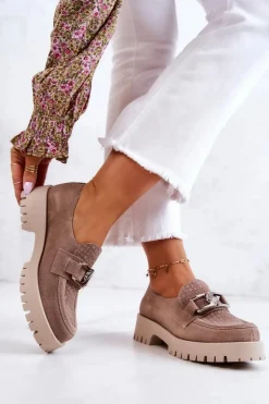 Modne Zamszowe Półbuty Loafery Ciemnobeżowe Rayhan