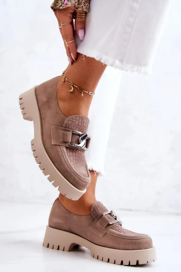 Modne Zamszowe Półbuty Loafery Ciemnobeżowe Rayhan