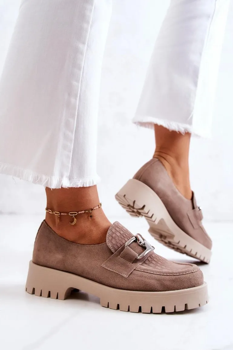 Modne Zamszowe Półbuty Loafery Ciemnobeżowe Rayhan