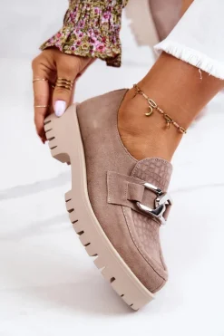 Modne Zamszowe Półbuty Loafery Ciemnobeżowe Rayhan