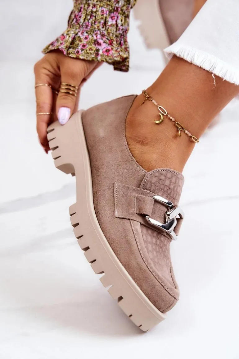 Modne Zamszowe Półbuty Loafery Ciemnobeżowe Rayhan