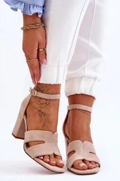 Modne Zamszowe Sandałki Na Obcasie Beżowe Aubrey