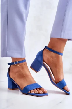 Modne Zamszowe Sandały Na Słupku Niebieskie Rovena