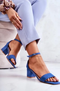 Modne Zamszowe Sandały Na Słupku Niebieskie Rovena