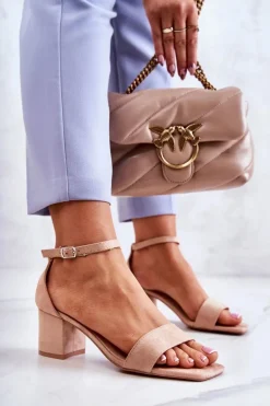 Modne Zamszowe Sandały Na Słupku Beżowe Rovena