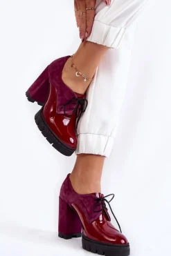 Modne Zamszowo-Lakierowane Botki Na Platformie Bordowe Carisa