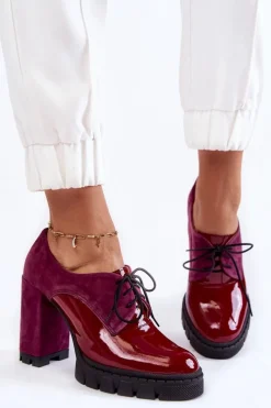 Modne Zamszowo-Lakierowane Botki Na Platformie Bordowe Carisa