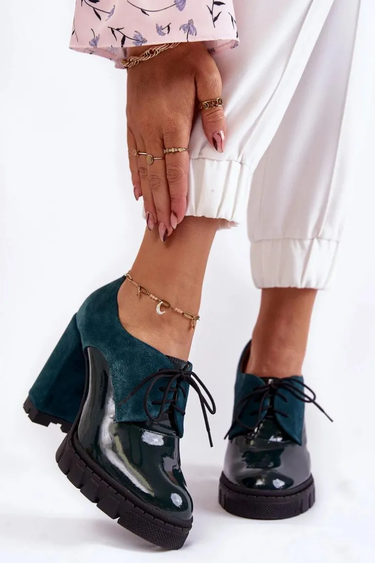 Modne Zamszowo-Lakierowane Botki Na Platformie Zielone Carisa